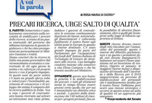 Su La Nazione: “Precari Ricerca, urge salto di qualità”